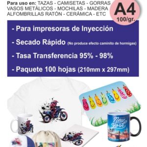 PAPEL PARA SUBLIMACION A4 100g. PAQUETE 100 HOJAS